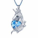 Silver Unicorn Heart Pendant Necklace – Blue Crystal Heart Charm