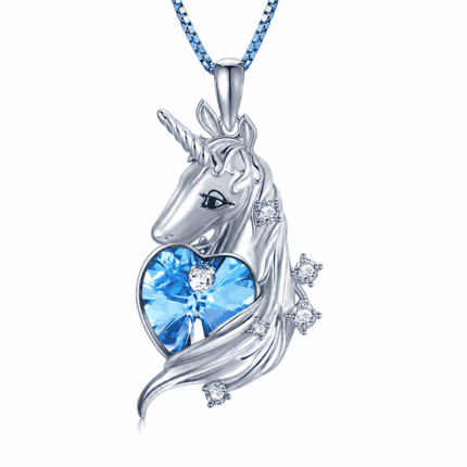 Silver Unicorn Heart Pendant Necklace – Blue Crystal Heart Charm
