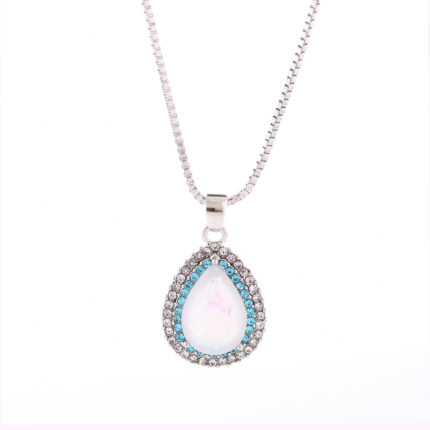 Opal Teardrop Pendant Necklace – Silver Tone, Crystal Accent