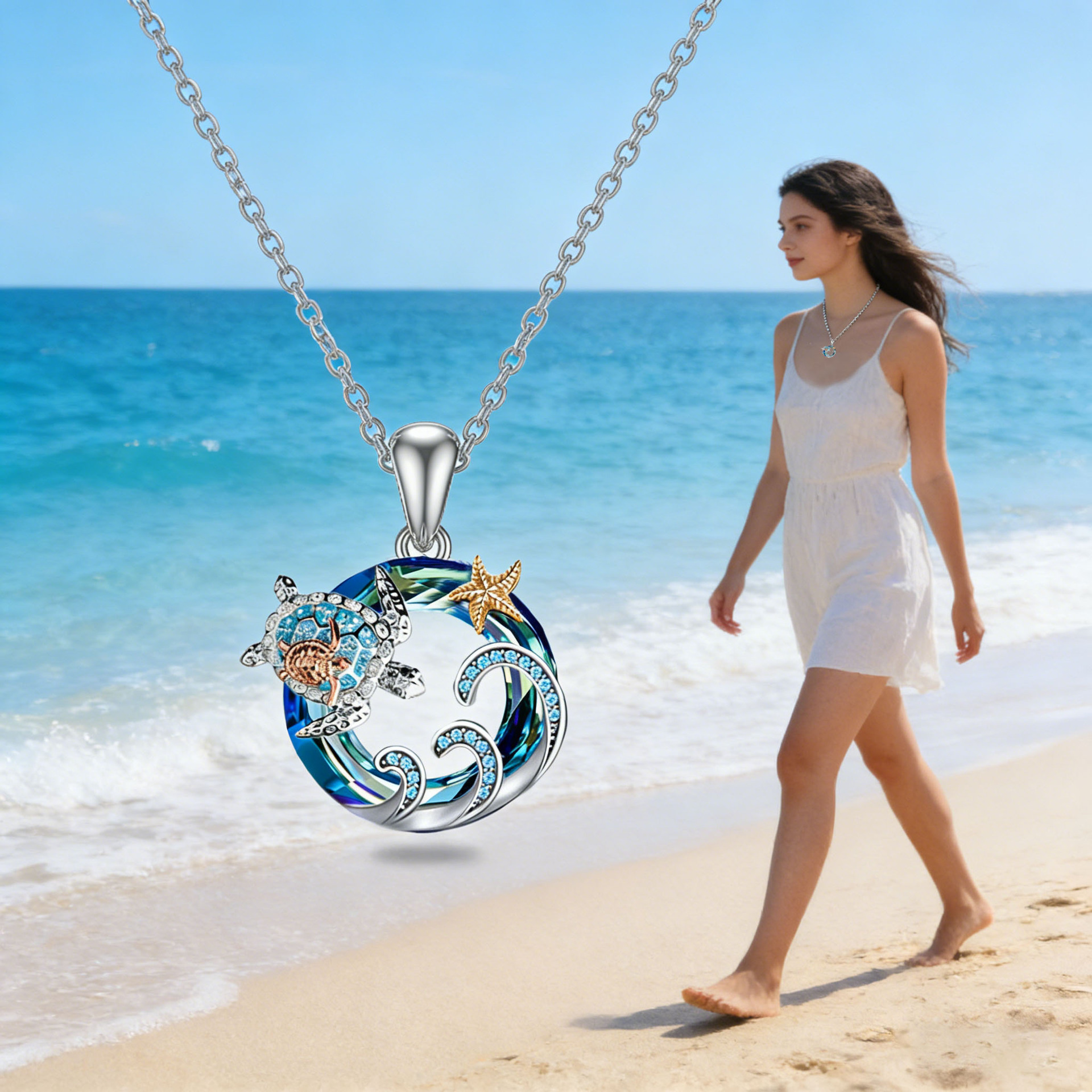 O1CN01rOa8b51U98z0pjQpp_!!2211166642474-0-cib Necklacex Blue Crystal Sea Turtle Pendant Necklace with Starfish - Image 2