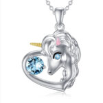 Heart-Shaped Blue Crystal Unicorn Pendant Necklace – Cute & Magical